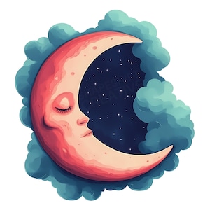 Crescent Moon PNG, Sleepy Moon Face Luna Celeste Notte Cielo Sognante Cosmico Stampabile File Di Taglio, Clip Art, Download Istantaneo, Uso Commerciale