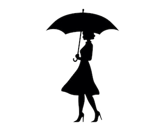 Woman with Umbrella SVG - Rainy Weather Fashion Fall Winter Silhouette Clip Art Cut File, Instant Download, Commercial Use, png jpg eps pdf