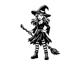 Archivo SVG de bruja de Halloween - Temporada espeluznante, truco o trato, fiesta de otoño, escoba mágica, aquelarre, archivo de corte imprimible, descarga instantánea, uso comercial.