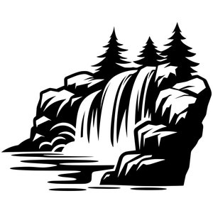 以下が含まれることがあります： 岩の上を流れ落ちる滝の白黒イラスト。3本の常緑樹が崖の上に立っています。水は穏やかなプールに流れ込み、穏やかな風景を作り出しています。