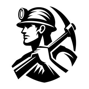 May include: Black and white illustration of a miner wearing a hard hat and holding a pickaxe.