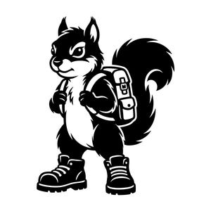 May include: Black and white illustration of a squirrel wearing hiking boots and a backpack. The squirrel is standing upright, with a fluffy tail and a determined expression. The backpack has a rectangular shape.