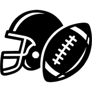 May include: A black and white graphic depicting a football helmet and an American football. The helmet is on the left, and the football is on the right, with white laces and stripes.