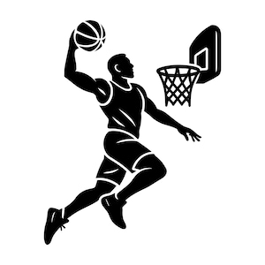 May include: A black and white silhouette depicts a basketball player in mid-air, preparing to dunk. The player is wearing a vest and shorts. A basketball hoop with a net is in the background. This is a graphic illustration.