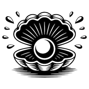 Peut inclure: Illustration en noir et blanc d'une coquille Saint-Jacques ouverte, révélant une perle. Des gouttes d'eau entourent la coquille. Le design de la coquille présente des lignes détaillées.
