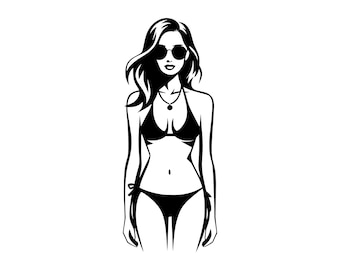 May include: A black and white illustration of a woman wearing a bikini and sunglasses. She has long hair and is looking directly at the viewer.