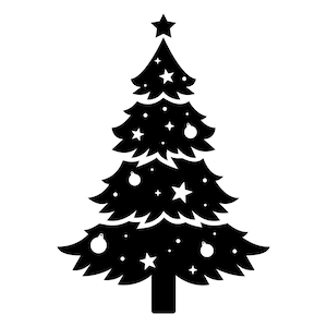 Sapin de Noël décoré SVG, Silhouette d'arbre de Noël, clipart arbre de Noël, arbre de Noël coupé fichier, SVG Noël noir et blanc