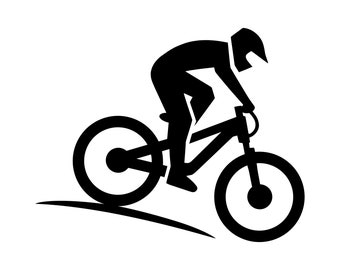 Op de afbeelding: Een zwart-wit silhouet van een persoon die met een mountainbike bergafwaarts fietst.