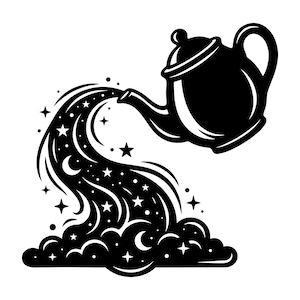 May include: A black and white illustration depicts a teapot pouring a stream of stars, moons, and clouds. The teapot has a handle, spout, and lid. The celestial stream flows from the spout, creating a whimsical design.