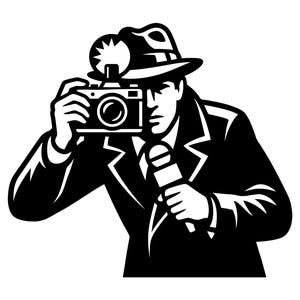 Puede incluir: Ilustración en blanco y negro de una persona con sombrero fedora y gabardina, sosteniendo una cámara con flash y un micrófono. La persona mira hacia adelante, posiblemente un fotógrafo o reportero.
