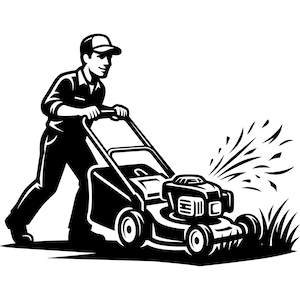 Pode incluir: Ilustração em preto e branco de uma pessoa cortando a grama com um cortador de grama manual. A pessoa está usando um boné e roupas de trabalho. O cortador está cortando grama.
