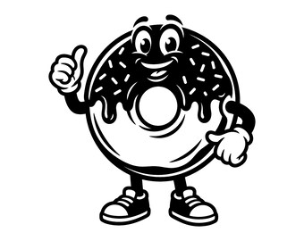 Cartoon Donut SVG - Bakery Character Sweet Treat Junk Food Retro Mascot Thumbs Up Printable Cut File, Instant Download, Commercial Use