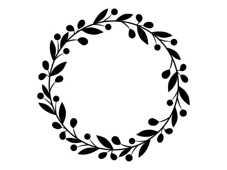 May include: A black silhouette of a wreath made of leaves and berries.