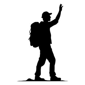 Op de afbeelding: Silhouet van een persoon met een pet en een rugzak, die met zijn rechterhand zwaait.