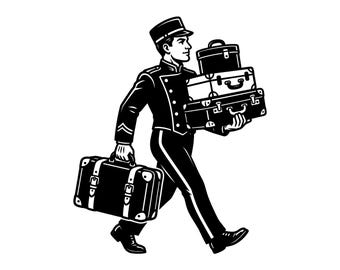 Bellhop Porter SVG - Hotel Luggage Vintage Travel Concierge Suitcases Printable Cut File, Instant Download, Commercial Use