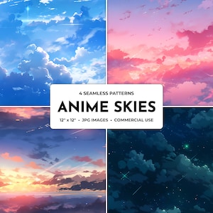 Cieli anime, motivi senza soluzione di continuità, set di carta digitale cielo, sfondi anime, carta da parati cielo nuvoloso, motivi digitali, stampabili, uso commerciale