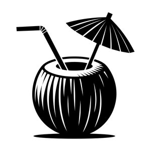 Peut inclure: Illustration en noir et blanc d'une boisson à la noix de coco. La noix de coco est coupée avec une paille et un petit parapluie à l'intérieur. La noix de coco a des lignes verticales gravées sur la coque.