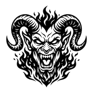 Puede incluir: Una ilustración gráfica en blanco y negro de una cabeza de demonio con cuernos y la boca abierta mostrando dientes afilados. La figura está rodeada de llamas estilizadas que surgen de la barbilla y la parte superior de la cabeza.