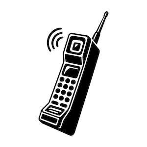 May include: Black and white illustration of a vintage mobile phone with an antenna and a signal icon. The phone has a keypad with circular buttons and a rectangular screen. A retro design.