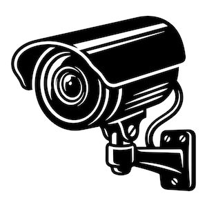 May include: A monochrome illustration of a security camera. The camera features a protective hood and a lens. It is attached to a bracket with screws. The image is a vector graphic.