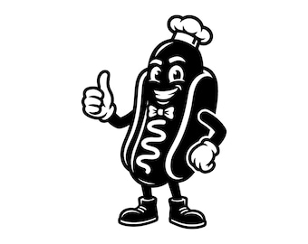 Chef de perritos calientes SVG - Mascota de restaurante de comida rápida, barbacoa y parrillada de verano, archivo de corte imprimible, descarga instantánea, uso comercial