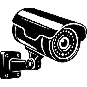 May include: A monochrome illustration of a security camera. The camera is mounted on a square bracket with four screws. The camera lens is encircled by small dots. The camera has a curved top and a rounded front.