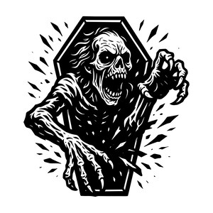 Puede incluir: Ilustración en blanco y negro de un zombi saliendo de un ataúd. El zombi tiene una cara esquelética, dientes afilados y dedos largos y con garras extendidos. El ataúd es negro, con líneas dentadas que irradian hacia afuera.