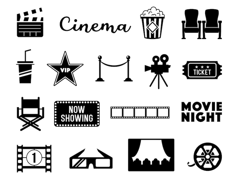 May include: Black and white icons related to the cinema, including a clapperboard, popcorn, movie tickets, a film reel, 3D glasses, a director's chair, and the text "Cinema" and "Movie Night".