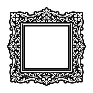 May include: A black and white ornate square picture frame with a detailed floral and scroll design. The frame has a square opening in the center. The frame is suitable for displaying photos or artwork.