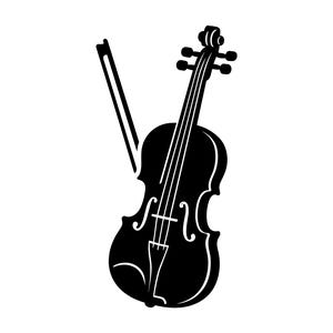 May include: A black and white illustration of a violin and bow. The violin is depicted in a stylized manner, with a curved body, f-holes, and a neck with tuning pegs. The bow is positioned to the left of the violin.