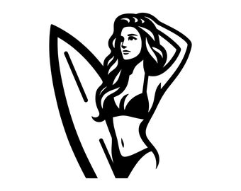 Surfer Girl SVG - Surfing Woman Beach Surfboard Printable Clip Art Cut File, Instant Download, Commercial Use, svg png jpg eps pdf
