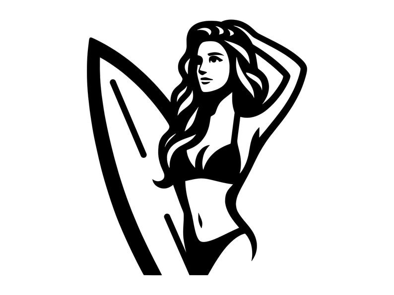 Op de afbeelding: Zwart-witte illustratie van een vrouw met lang haar die een surfboard vasthoudt. Ze draagt een bikini top en broek.