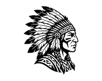 Jefe indio SVG - Tocado de nativo americano, guerrero tribal con plumas, archivo de corte imprimible, descarga instantánea, uso comercial.