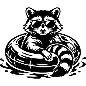 May include: Black and white illustration of a raccoon wearing sunglasses, floating in an inner tube. The raccoon has a striped tail and is surrounded by water splashes. A fun, summer-themed design.