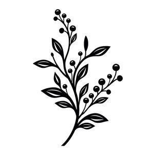 Puede incluir: Una silueta negra de una rama floral estilizada con hojas y bayas.