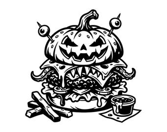 Halloween Burger SVG - Spooky Fast Food Jack O Lantern Creepy Monster Pumpkin Printable Cut File, Instant Download, Commercial Use