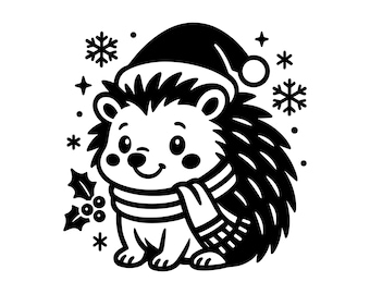 May include: A monochrome illustration of a charming hedgehog, adorned with a Santa hat and a striped scarf. Snowflakes, stars, and holly surround the hedgehog. Ideal for Christmas-themed items, this design has a festive feel.