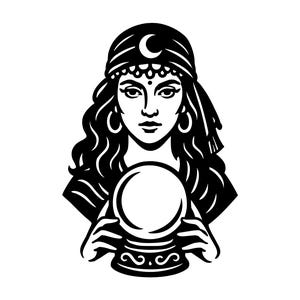May include: Black and white illustration of a fortune teller. She wears a headscarf with a crescent moon, hoop earrings, and holds a crystal ball. The image has a vintage, mystical aesthetic.