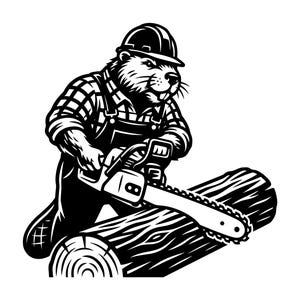 Può includere: Illustrazione in bianco e nero di un castoro con elmetto e tuta, che tiene una motosega. Il castoro sta tagliando un tronco, con la lama della sega in azione. L'immagine è un design grafico.