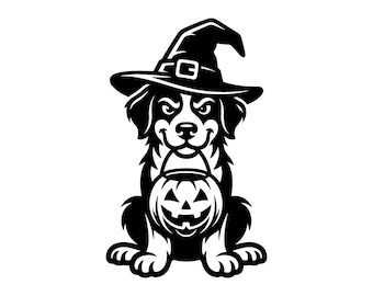 Archivo SVG de perro de Halloween - Sombrero de bruja, calabaza, truco o trato, cachorro espeluznante, archivo de corte imprimible de otoño, descarga instantánea, uso comercial