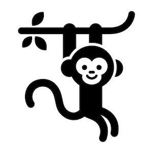 May include: A black silhouette of a monkey hanging from a branch with a smiling face.