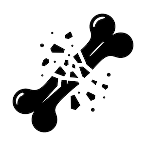 Puede incluir: Una ilustración en blanco y negro de un hueso roto. El hueso está roto por la mitad y las piezas están dispersas a su alrededor.