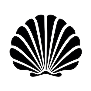May include: A black and white silhouette of a seashell with a ribbed texture.
