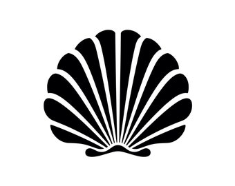 May include: A black and white silhouette of a seashell with a ribbed texture.
