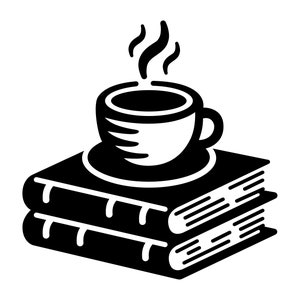 May include: A black and white illustration of a coffee cup with steam rising from it, sitting on top of two stacked books. The cup has a handle and sits on a saucer. The books are closed and have horizontal lines representing pages.