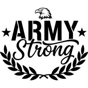 May include: Black and white graphic design with the words "ARMY Strong" in bold, stylized lettering. An eagle head is above the word "ARMY", and stars flank the word. A laurel wreath encircles the words.