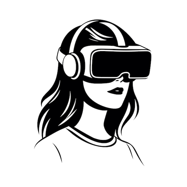 VR Headset SVG - Woman in Virtual Reality Goggles Tech Silhouette Clipart Cut File, Instant Download, Commercial Use, svg jpg png eps pdf