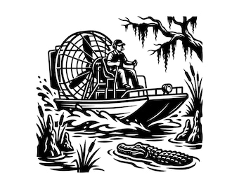 Archivo SVG de lancha neumática - Barco con ventilador, pantano, marisma, caimán, archivo de corte imprimible, descarga instantánea, uso comercial.