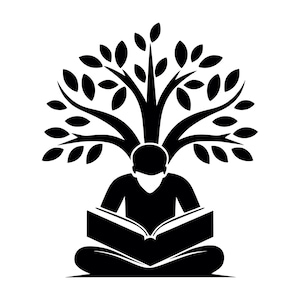 Book Reader SVG - Person liest Buch unter Baum Studie Wissen druckbare Clip Art Cut Datei, sofortiger Download, kommerzielle Nutzung