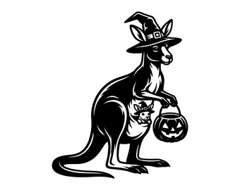 Canguro de Halloween SVG - Sombrero de bruja de truco o trato, marsupial, calabaza espeluznante, archivo de corte imprimible, descarga instantánea, uso comercial